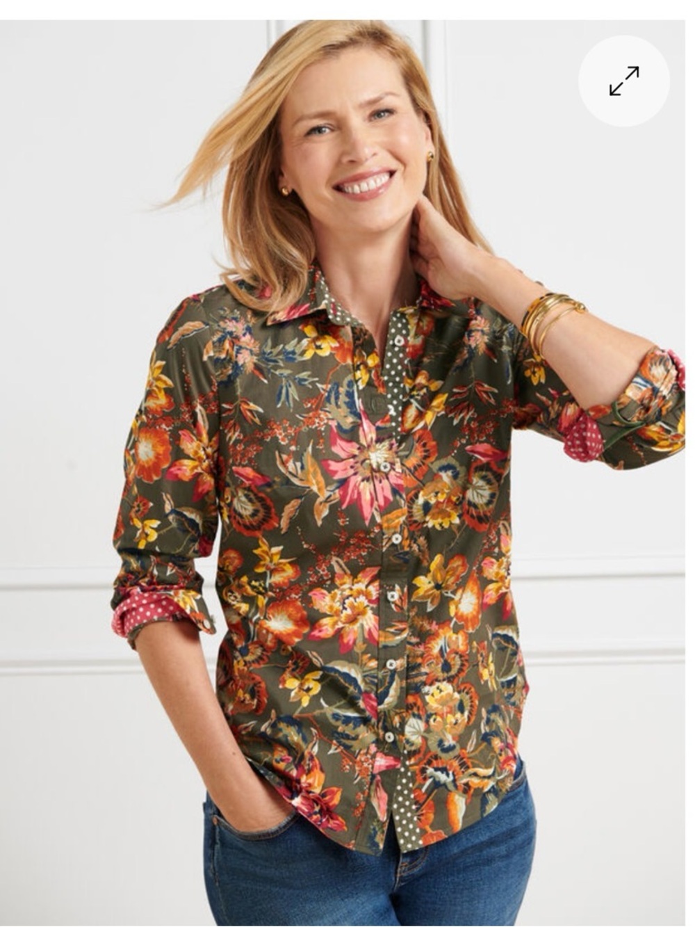 Talbots Olive Floral Button-Down Shirt with Pink & Orange Accents